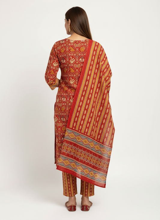 Maroon Red Printed Kurta Set with Multicolour Dupatta – 3 Piece Suit