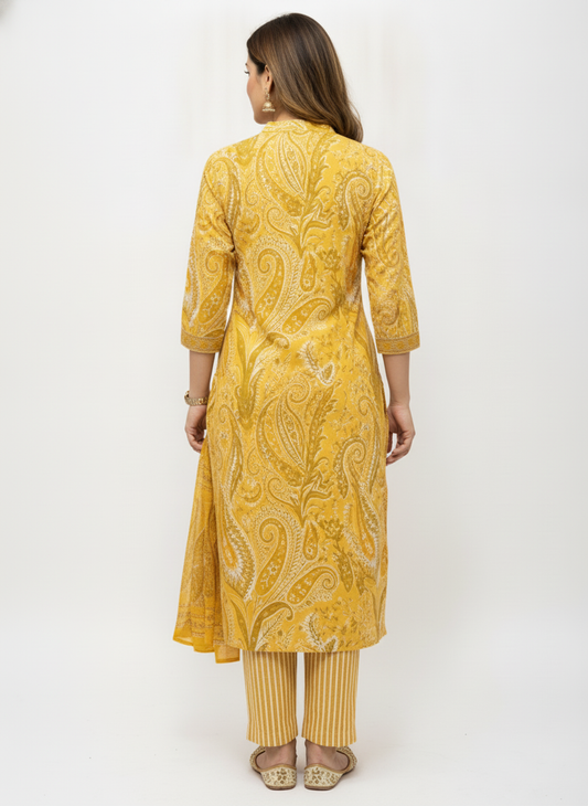 Yellow Paisley Printed Kurta Set with Striped Dupatta – 3 Piece Suit