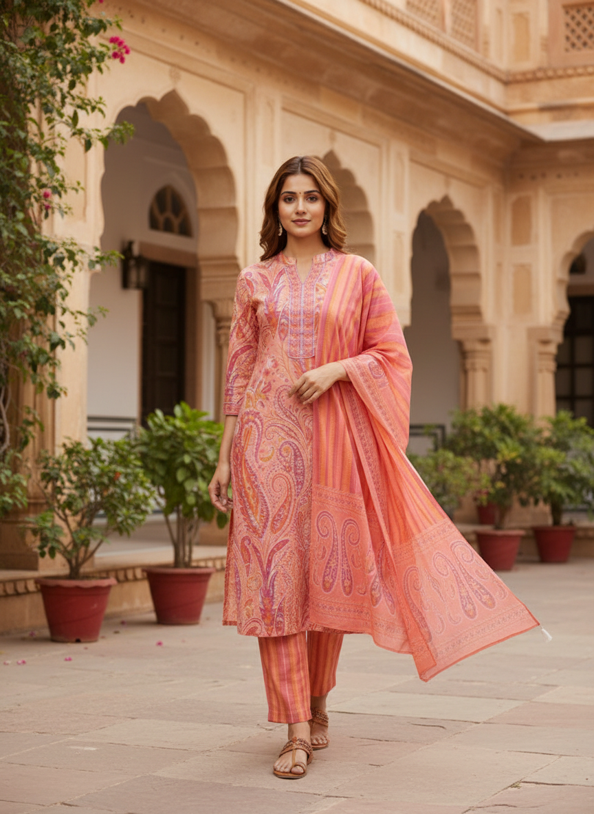 Peach Paisley Printed Kurta Set with Striped Dupatta – 3 Piece Suit