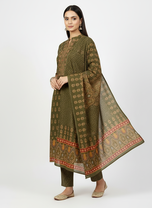 Olive Green Printed Kurta Set with Contrast Border Dupatta – 3 Piece Suit
