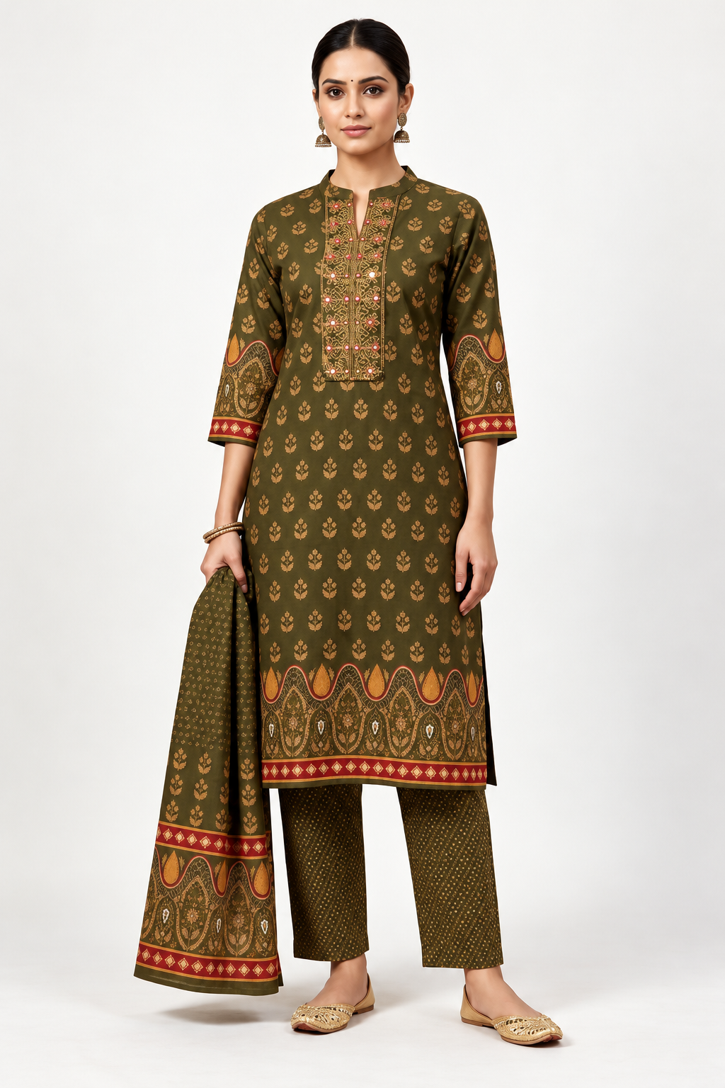 Olive Green Printed Kurta Set with Contrast Border Dupatta – 3 Piece Suit