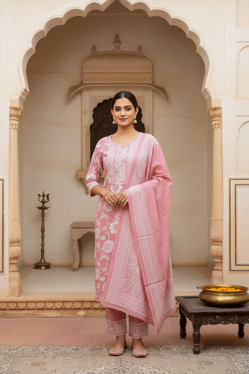 Dusty Pink Floral Printed Kurta Set with Dupatta – 3 Piece Suit