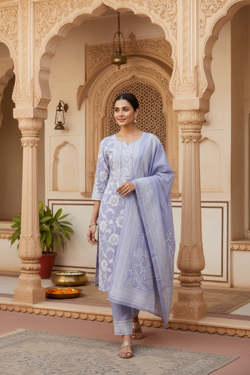 Lavender Floral Printed Kurta Set with Dupatta – 3 Piece Suit