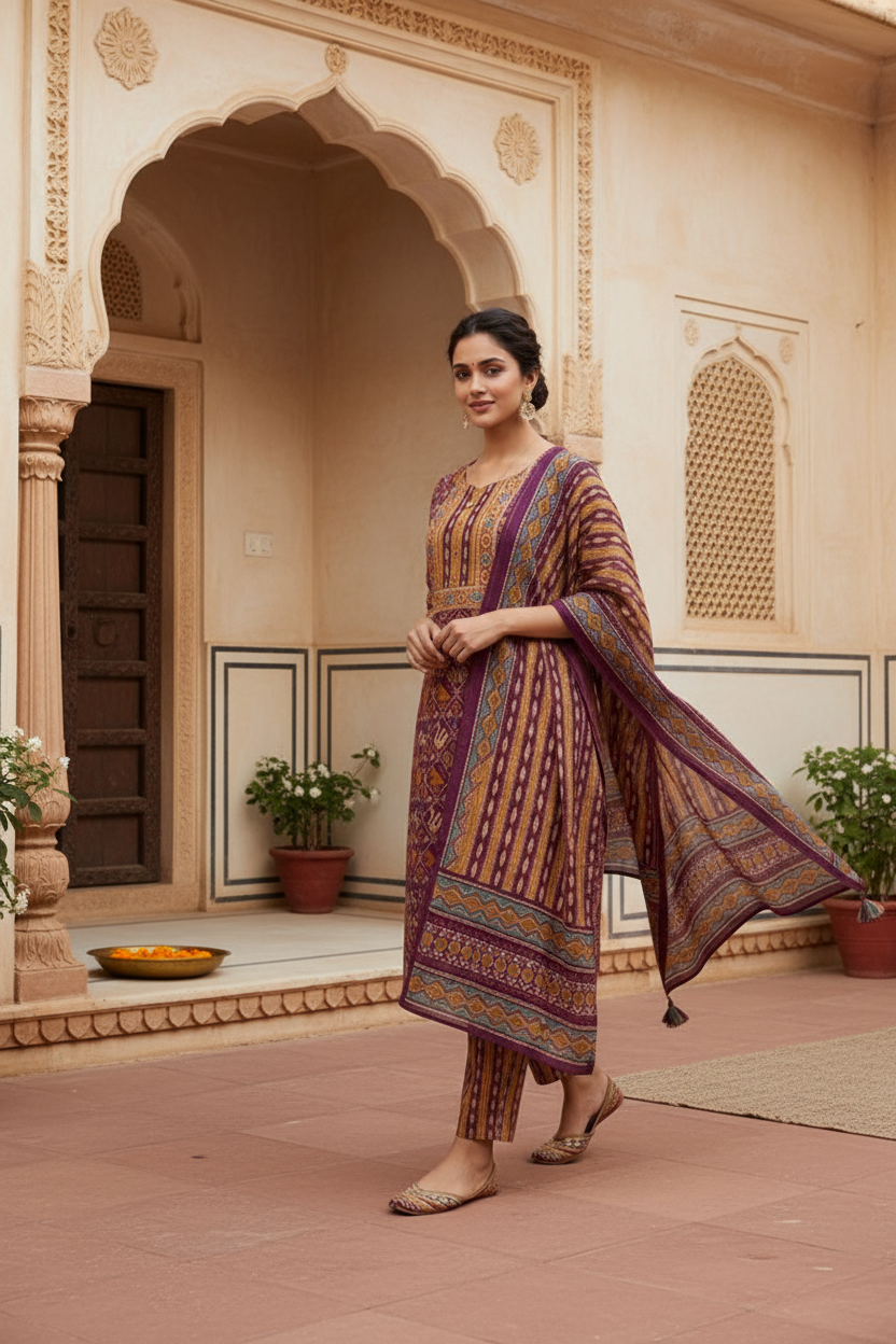 Wine Purple Printed Kurta Set with Multicolour Dupatta – 3 Piece Suit