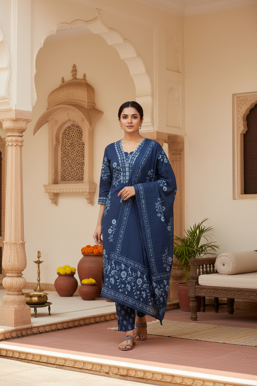 Navy Blue Floral Printed Kurta Set with Matching Dupatta – 3 Piece Suit