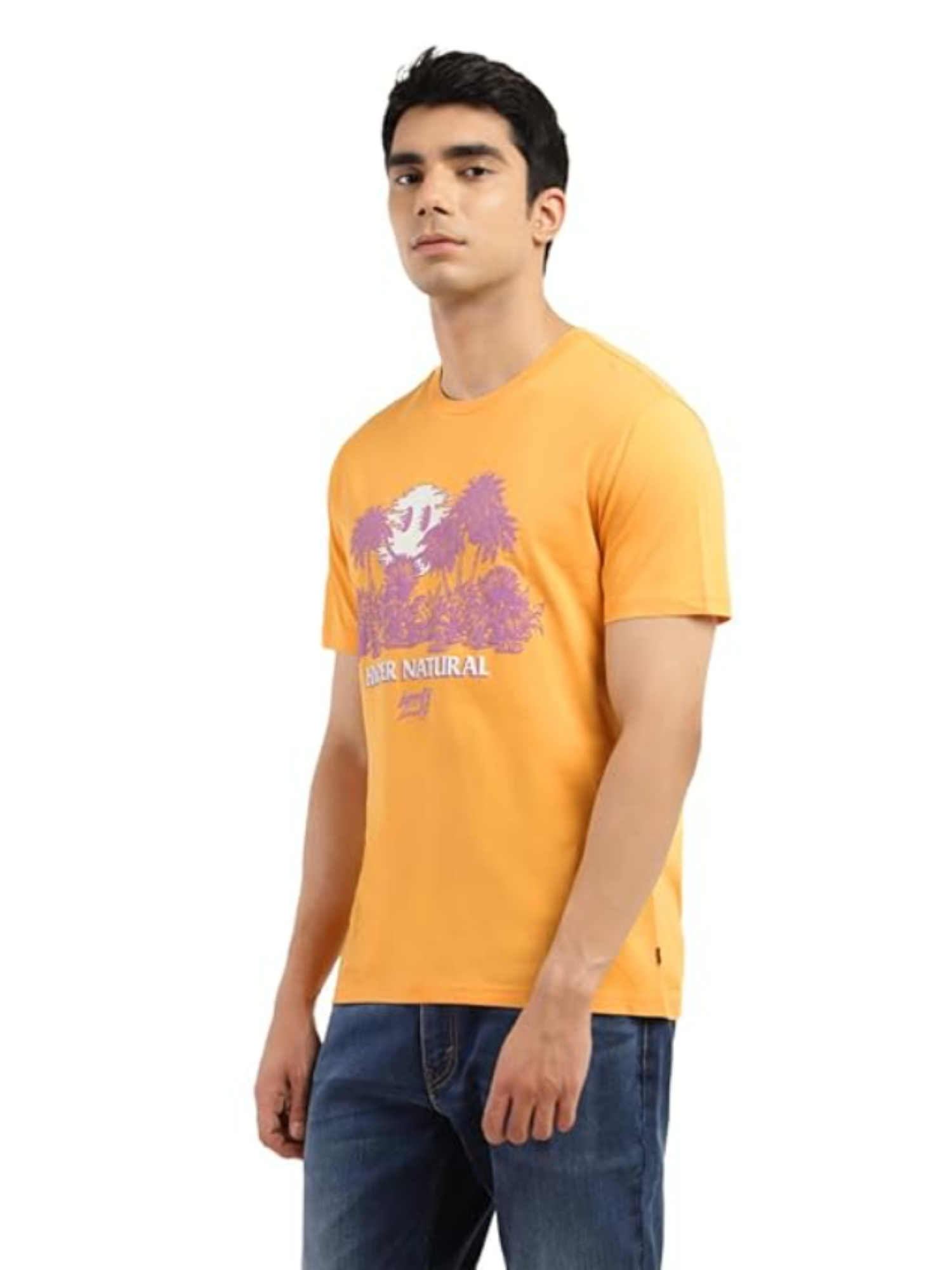 Levi's Men Printed Round Neck Pure Cotton Yellow T-Shirt