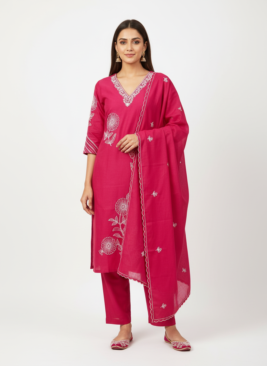 Rani Pink Floral Embroidered Kurta Set with Dupatta – 3 Piece Suit