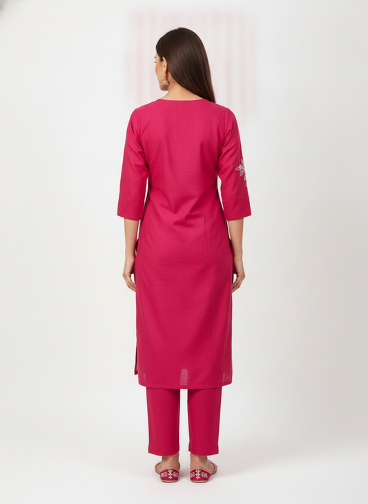 Rani Pink Floral Embroidered Kurta Set with Dupatta – 3 Piece Suit