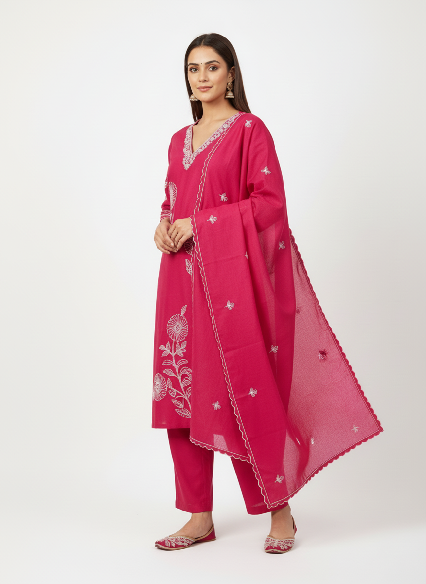 Rani Pink Floral Embroidered Kurta Set with Dupatta – 3 Piece Suit