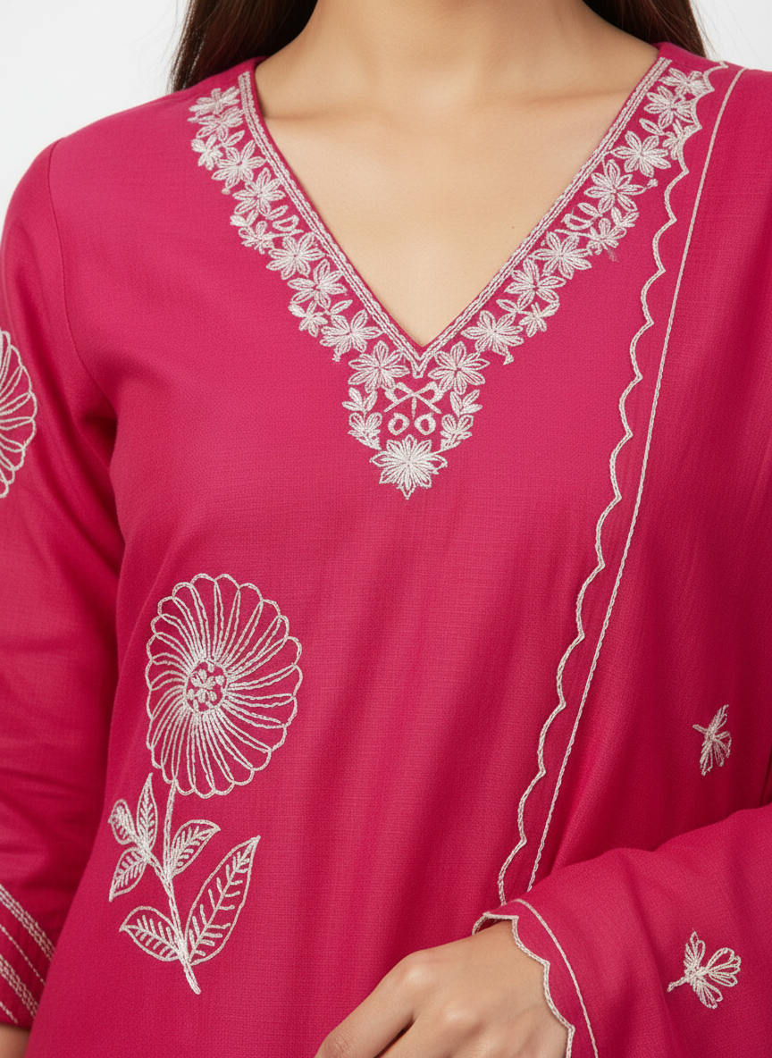 Rani Pink Floral Embroidered Kurta Set with Dupatta – 3 Piece Suit