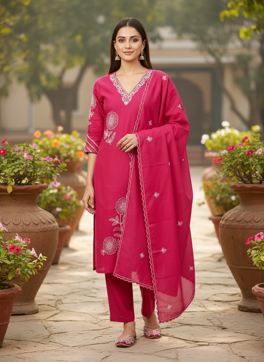 Rani Pink Floral Embroidered Kurta Set with Dupatta – 3 Piece Suit