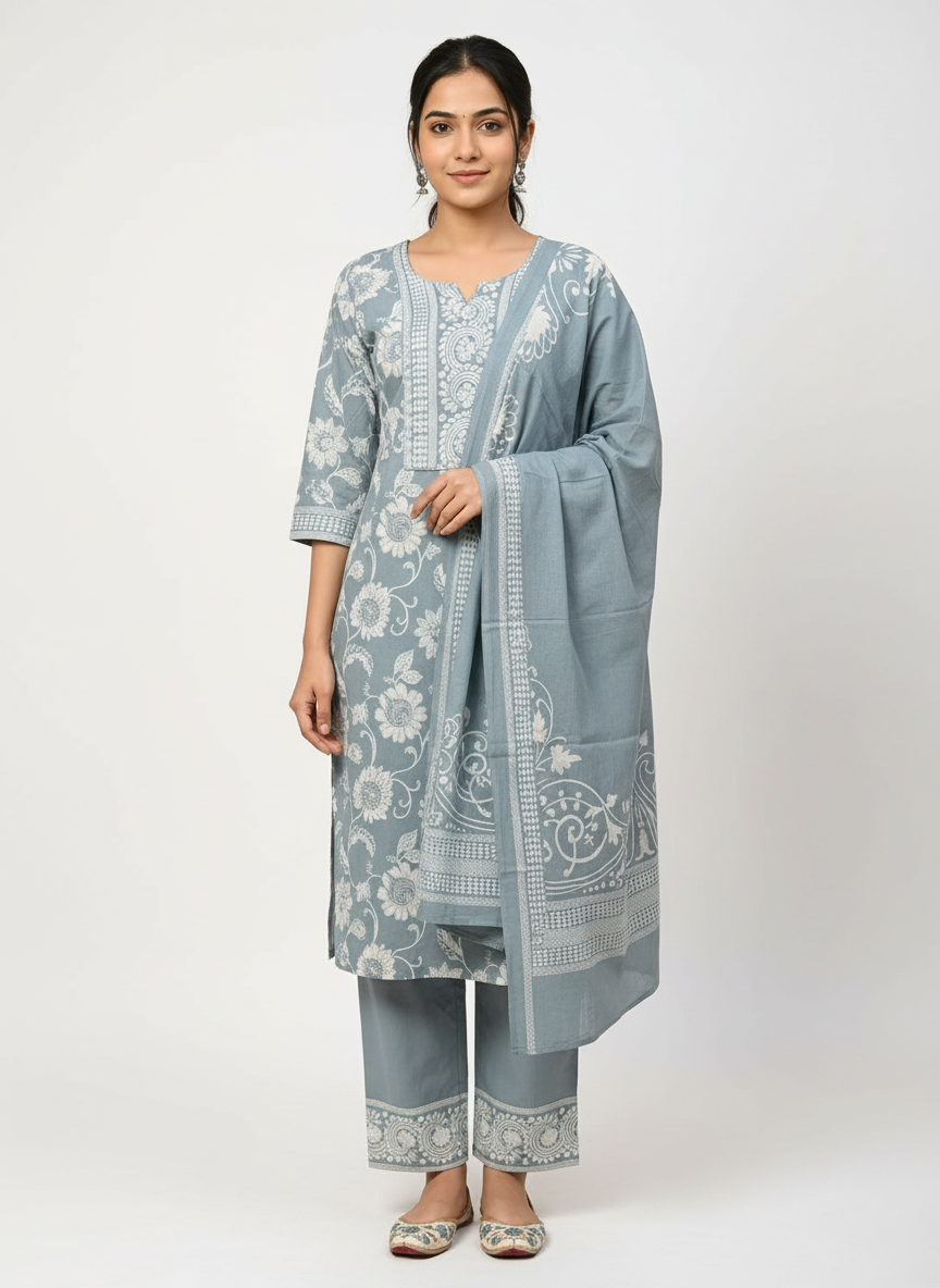 Slate Green Floral Printed Kurta Set with Dupatta – 3 Piece Suit