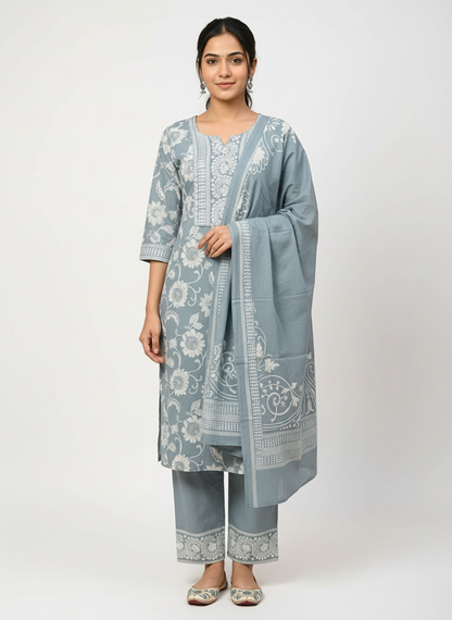 Slate Green Floral Printed Kurta Set with Dupatta – 3 Piece Suit