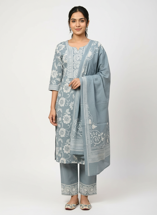Slate Green Floral Printed Kurta Set with Dupatta – 3 Piece Suit