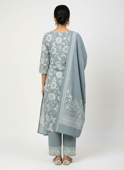 Slate Green Floral Printed Kurta Set with Dupatta – 3 Piece Suit