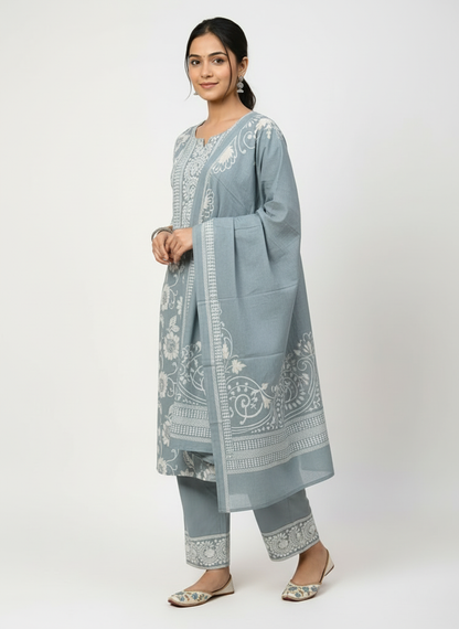 Slate Green Floral Printed Kurta Set with Dupatta – 3 Piece Suit