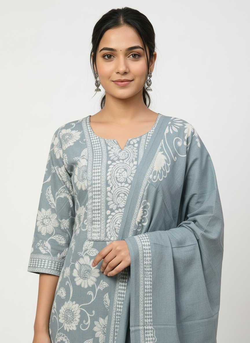 Slate Green Floral Printed Kurta Set with Dupatta – 3 Piece Suit