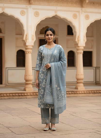 Slate Green Floral Printed Kurta Set with Dupatta – 3 Piece Suit