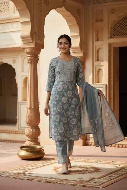 Slate Green Floral Printed Kurta Set with Dupatta – 3 Piece Suit