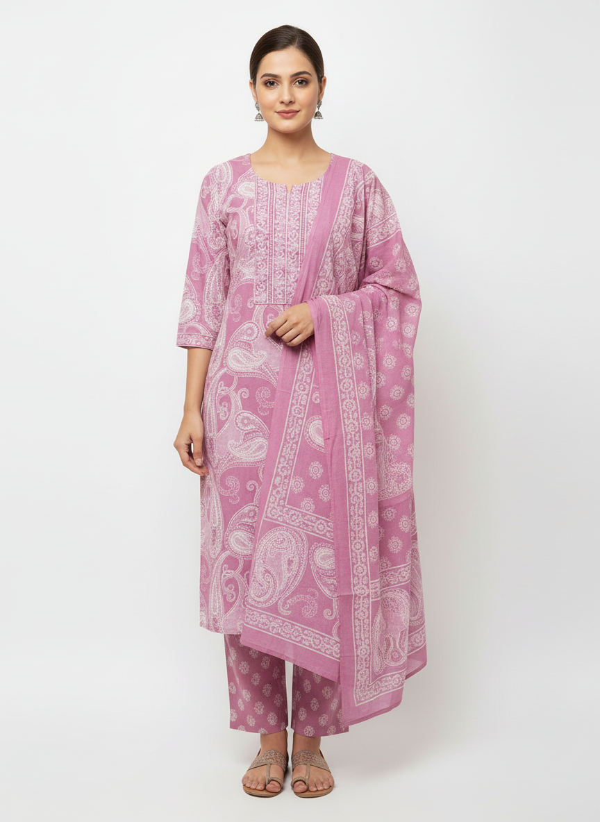 Dusty Pink Paisley Printed Kurta Set with Matching Dupatta – 3 Piece Suit