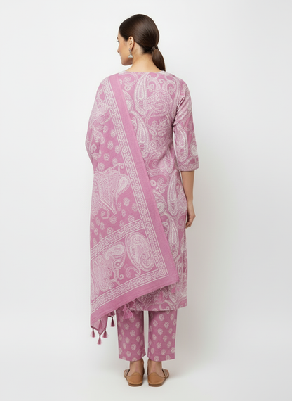 Dusty Pink Paisley Printed Kurta Set with Matching Dupatta – 3 Piece Suit