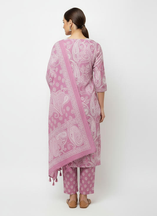 Dusty Pink Paisley Printed Kurta Set with Matching Dupatta – 3 Piece Suit