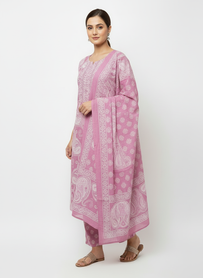 Dusty Pink Paisley Printed Kurta Set with Matching Dupatta – 3 Piece Suit