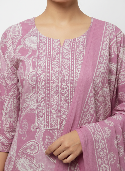 Dusty Pink Paisley Printed Kurta Set with Matching Dupatta – 3 Piece Suit