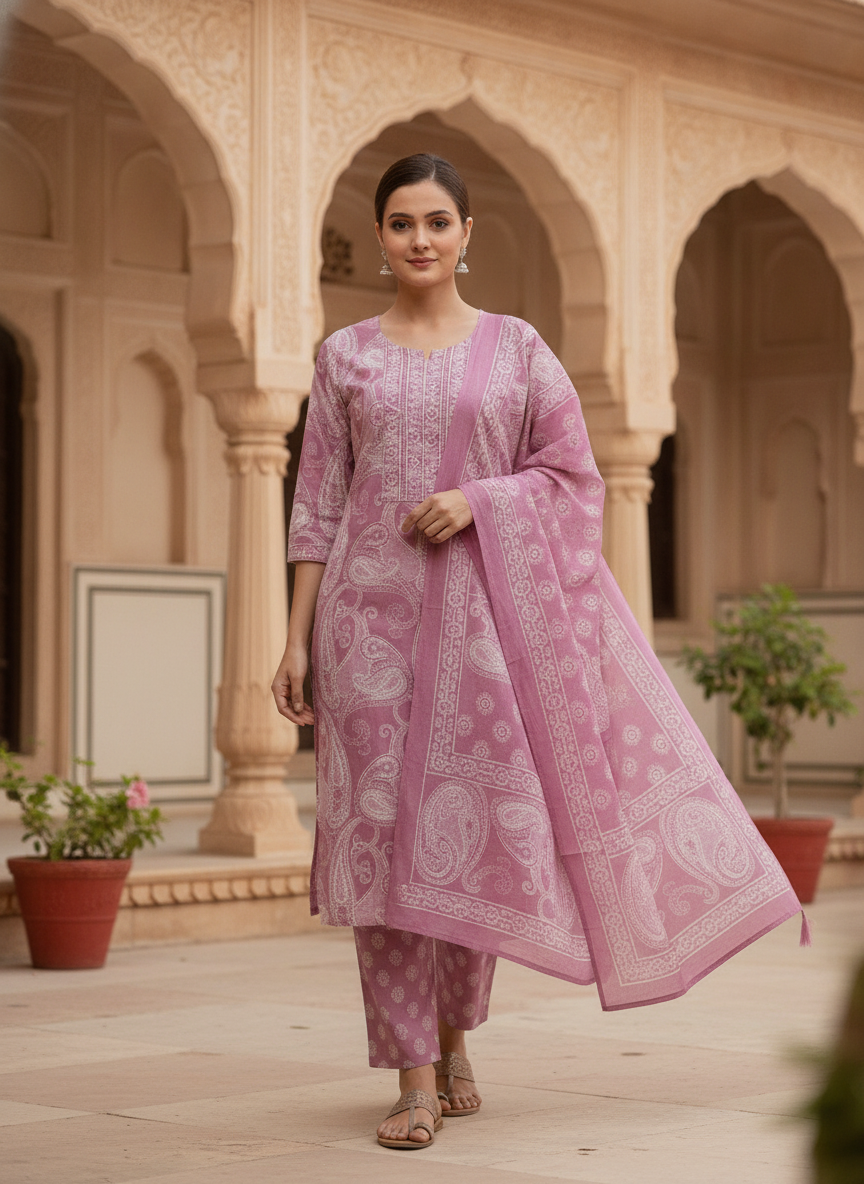 Dusty Pink Paisley Printed Kurta Set with Matching Dupatta – 3 Piece Suit