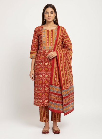 Maroon Red Printed Kurta Set with Multicolour Dupatta – 3 Piece Suit
