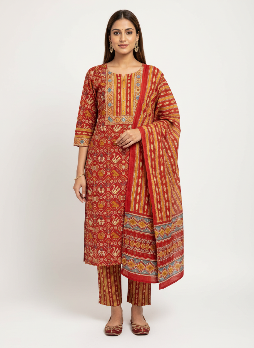 Maroon Red Printed Kurta Set with Multicolour Dupatta – 3 Piece Suit