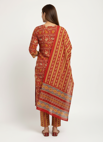 Maroon Red Printed Kurta Set with Multicolour Dupatta – 3 Piece Suit