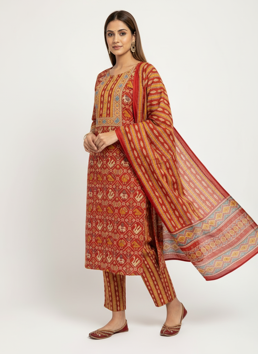 Maroon Red Printed Kurta Set with Multicolour Dupatta – 3 Piece Suit