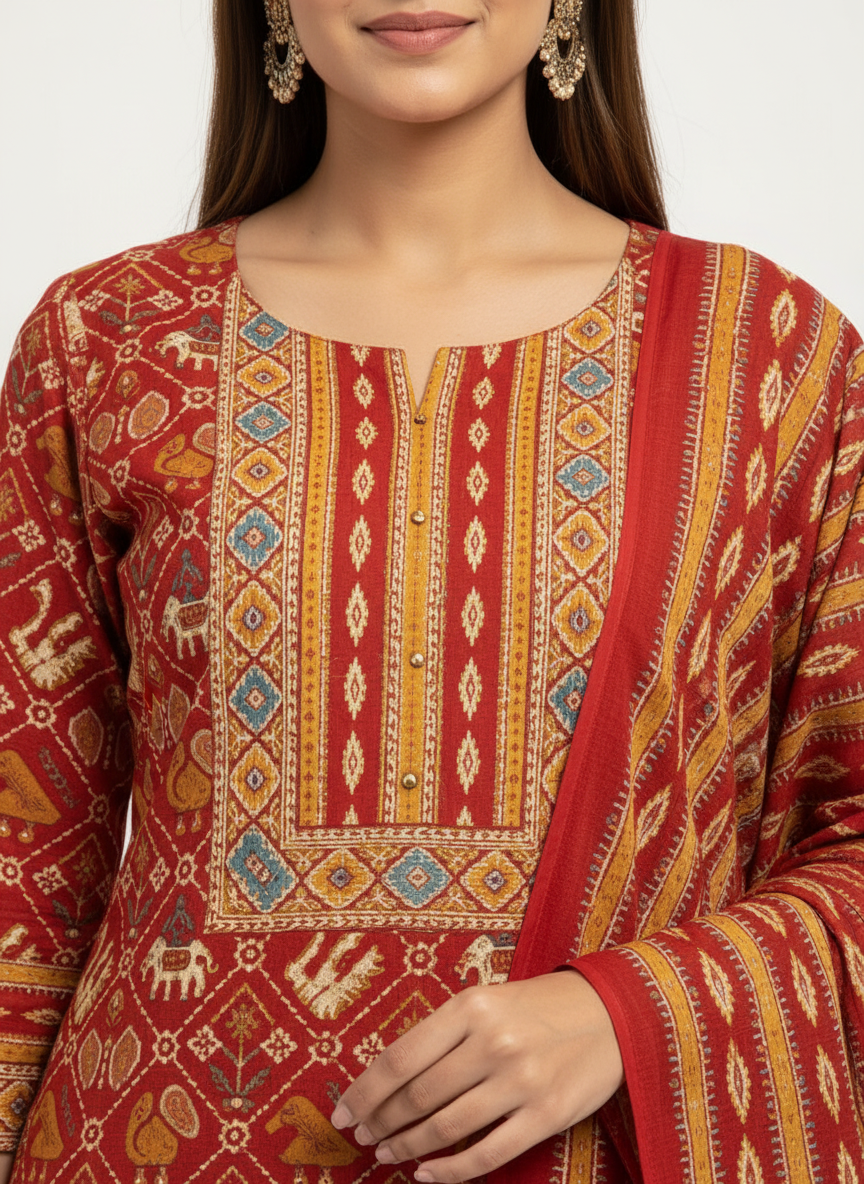 Maroon Red Printed Kurta Set with Multicolour Dupatta – 3 Piece Suit