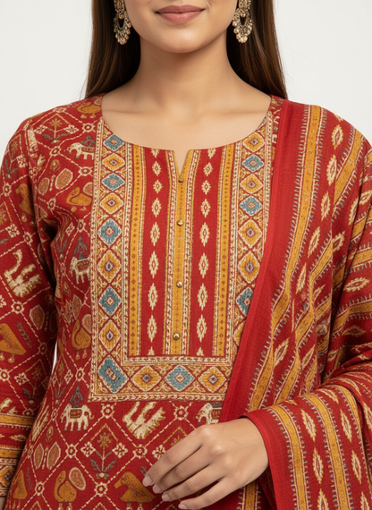 Maroon Red Printed Kurta Set with Multicolour Dupatta – 3 Piece Suit