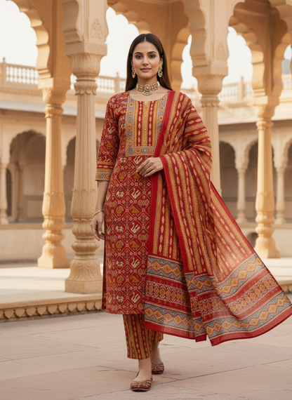 Maroon Red Printed Kurta Set with Multicolour Dupatta – 3 Piece Suit