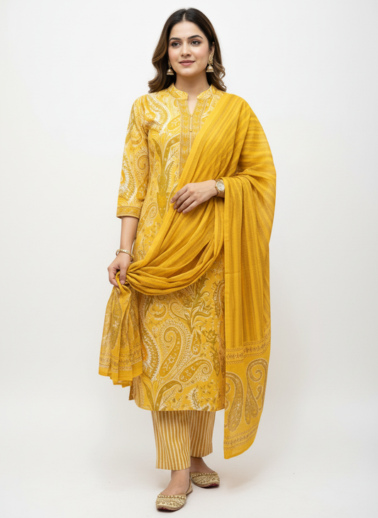 Yellow Paisley Printed Kurta Set with Striped Dupatta – 3 Piece Suit