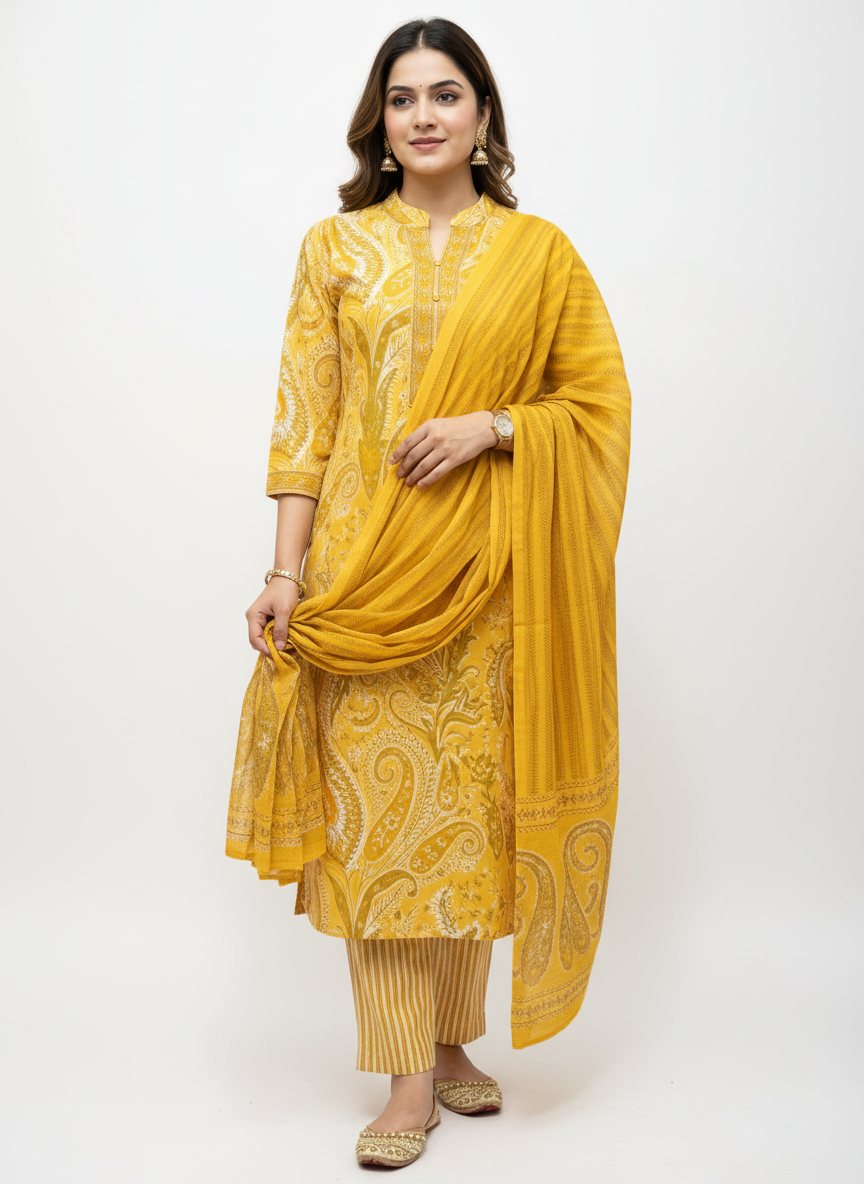 Yellow Paisley Printed Kurta Set with Striped Dupatta – 3 Piece Suit