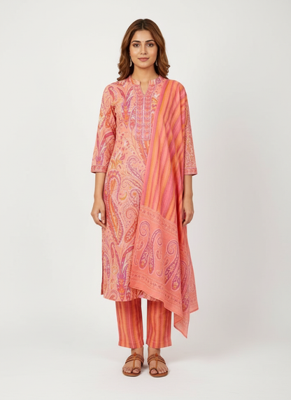 Peach Paisley Printed Kurta Set with Striped Dupatta – 3 Piece Suit