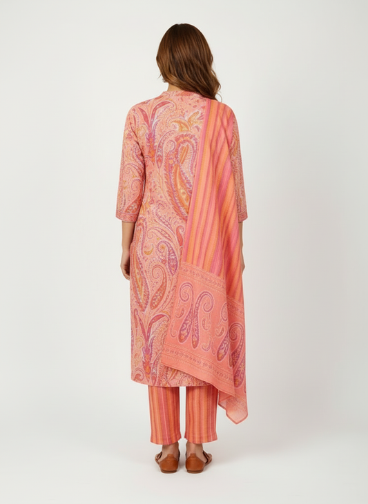 Peach Paisley Printed Kurta Set with Striped Dupatta – 3 Piece Suit