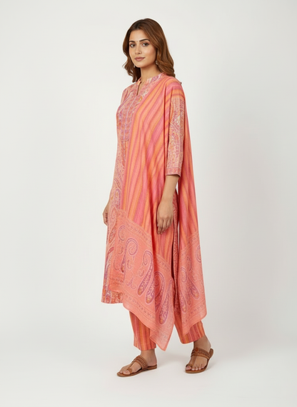 Peach Paisley Printed Kurta Set with Striped Dupatta – 3 Piece Suit