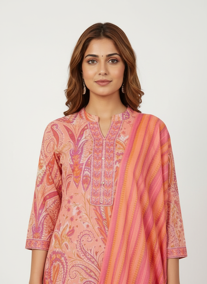 Peach Paisley Printed Kurta Set with Striped Dupatta – 3 Piece Suit