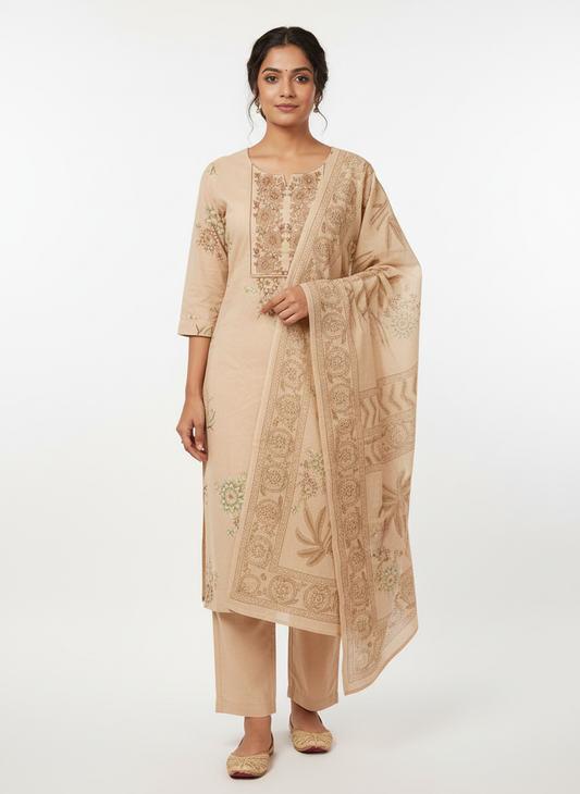 Beige Floral Printed Kurta Set with Coordinated Dupatta – 3 Piece Suit