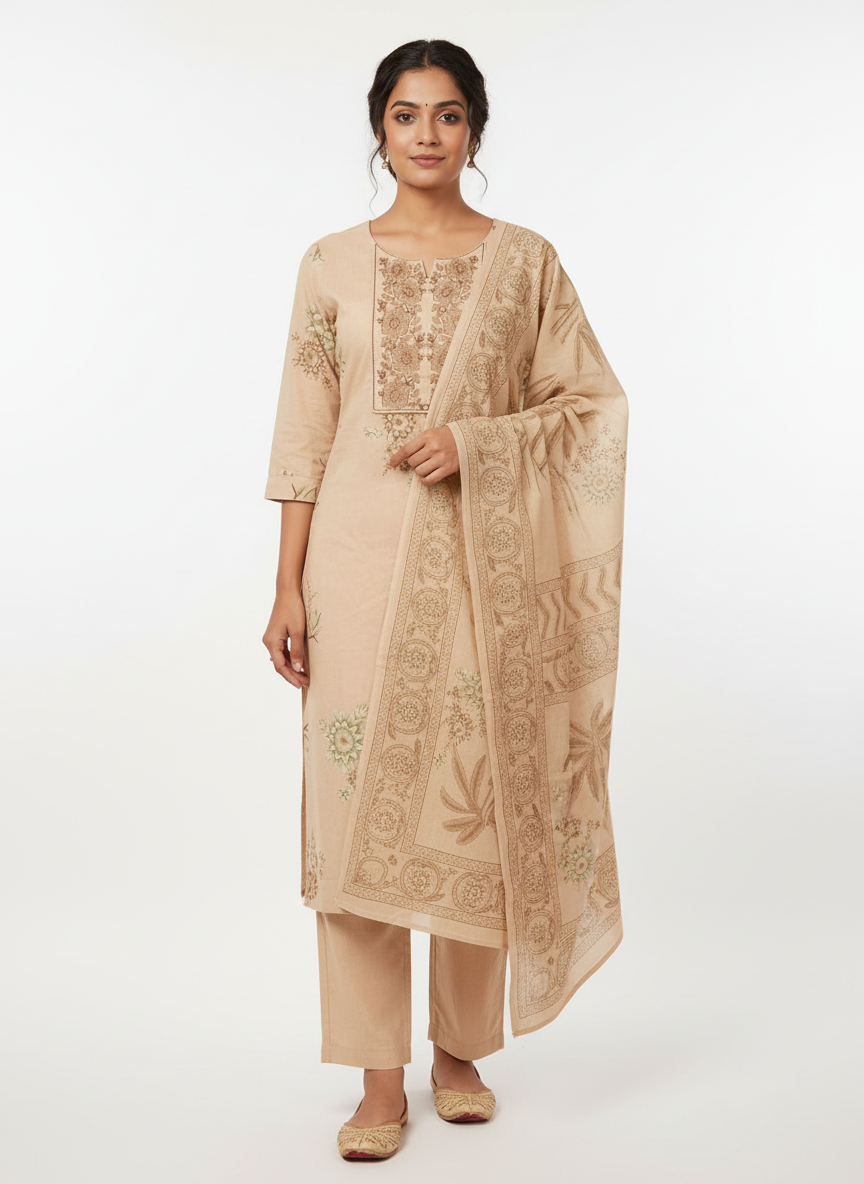 Beige Floral Printed Kurta Set with Coordinated Dupatta – 3 Piece Suit
