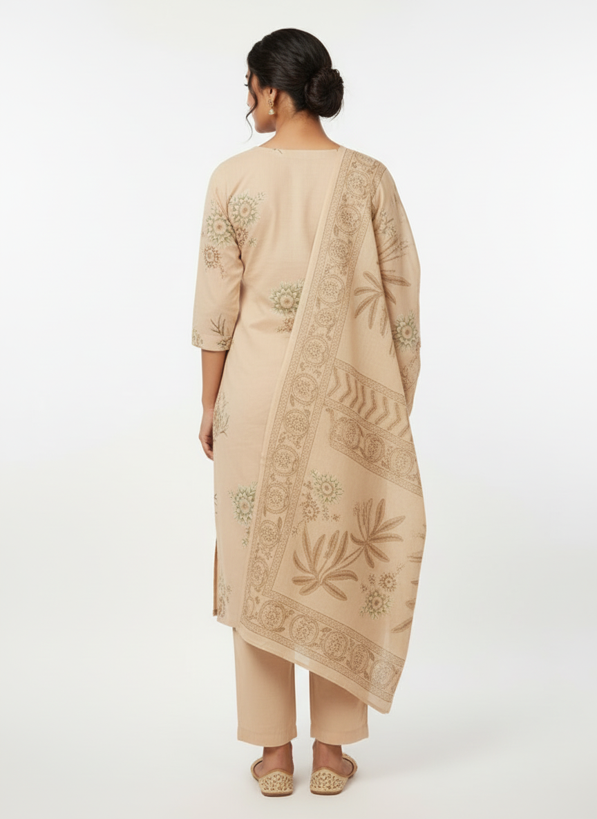Beige Floral Printed Kurta Set with Coordinated Dupatta – 3 Piece Suit