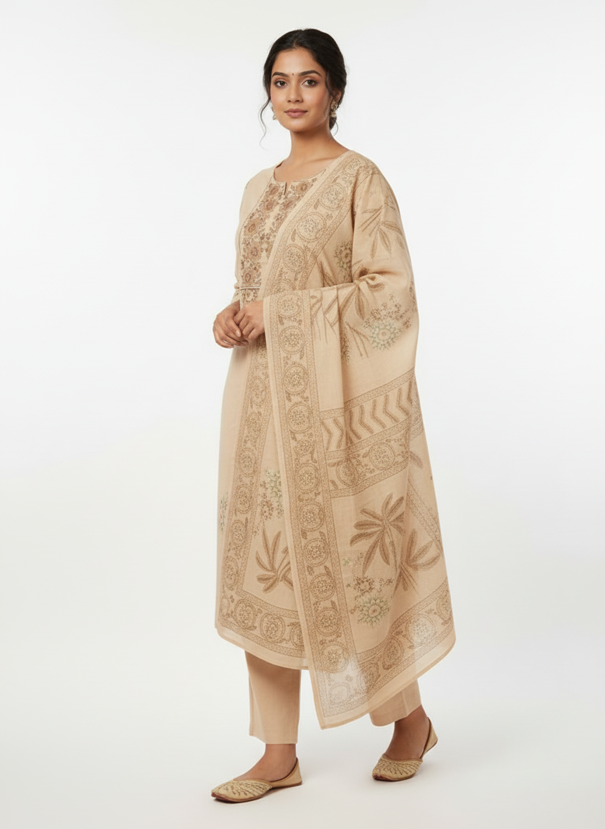 Beige Floral Printed Kurta Set with Coordinated Dupatta – 3 Piece Suit