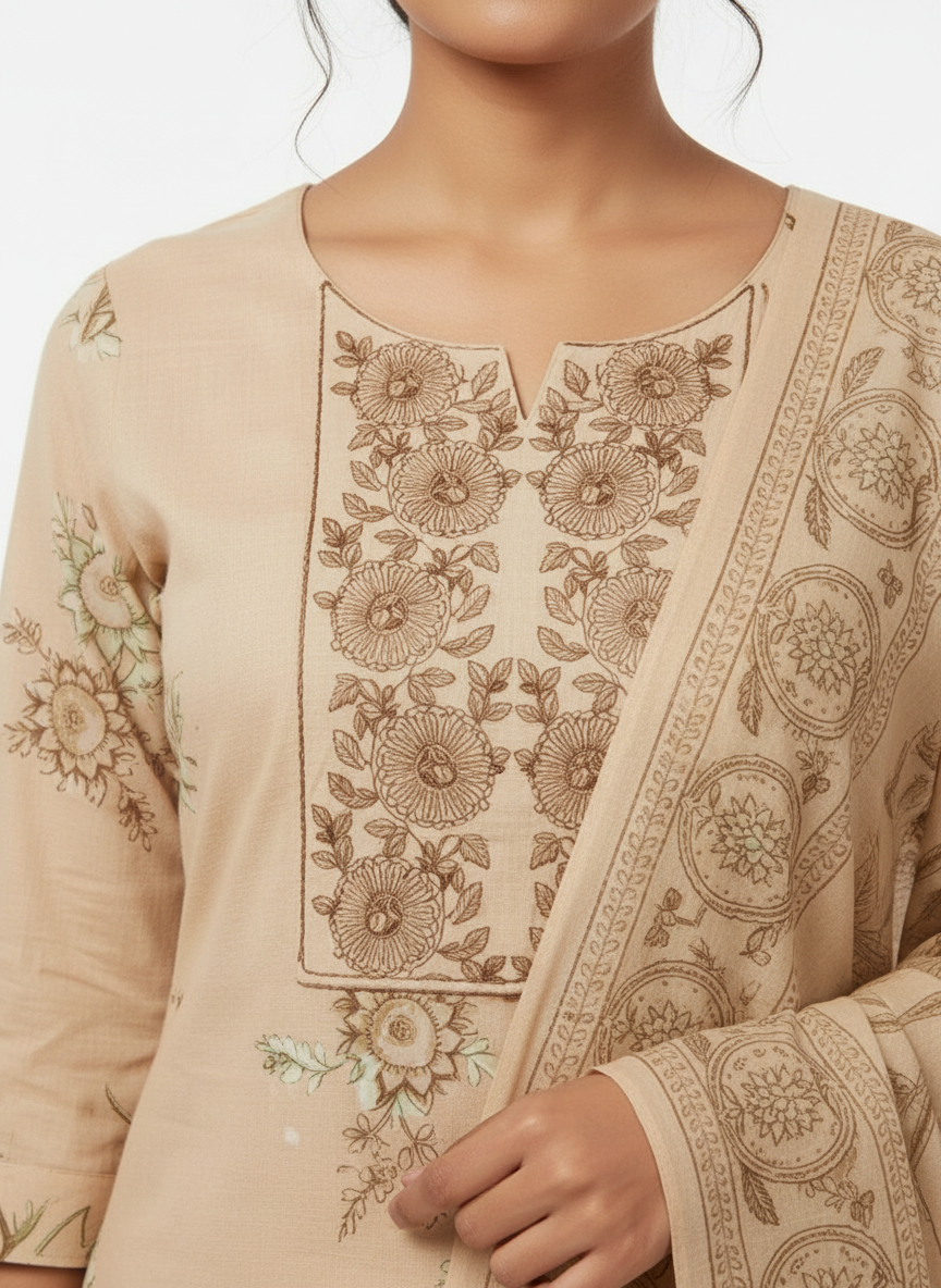 Beige Floral Printed Kurta Set with Coordinated Dupatta – 3 Piece Suit