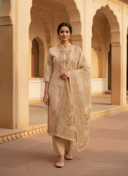Beige Floral Printed Kurta Set with Coordinated Dupatta – 3 Piece Suit