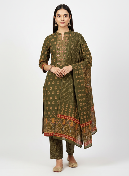 Olive Green Printed Kurta Set with Contrast Border Dupatta – 3 Piece Suit