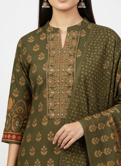 Olive Green Printed Kurta Set with Contrast Border Dupatta – 3 Piece Suit